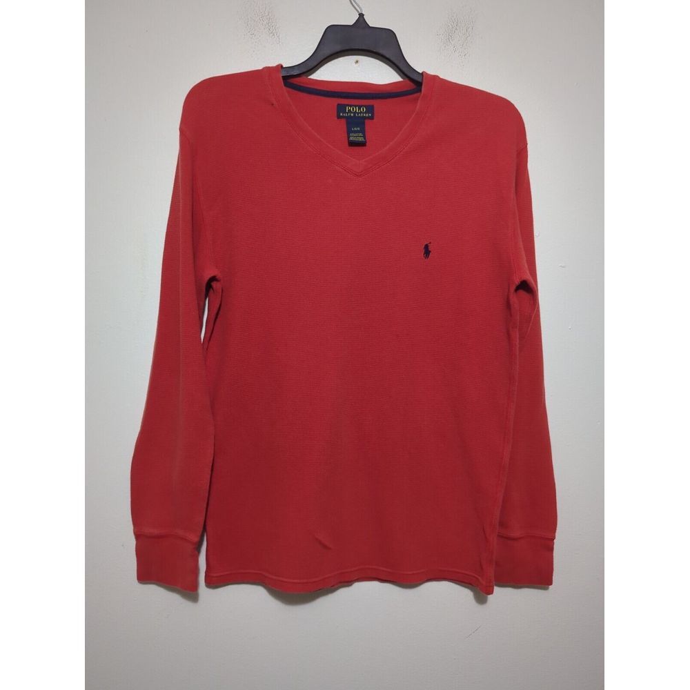 Polo Ralph Lauren Mens Red Waffle Knit Thermal V-Neck Shirt L Long Sleeve Logo